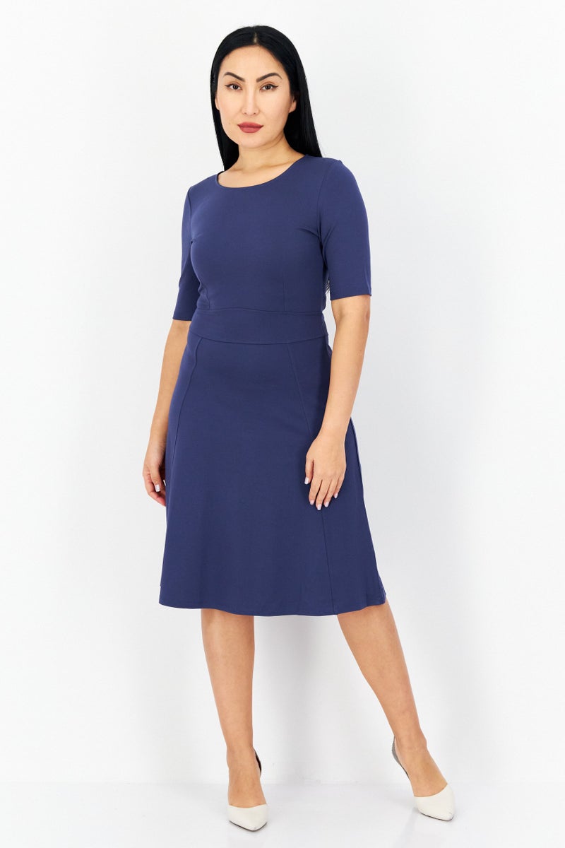 Zero Women Plain Midi Dress, Navy - Image 1