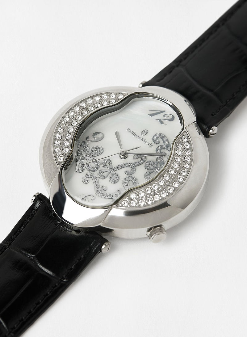 Philippe Moraly of Switzerland Leather Strap Analog Wrist Watch LS1042WPWB - 40mm - Black - Image 2