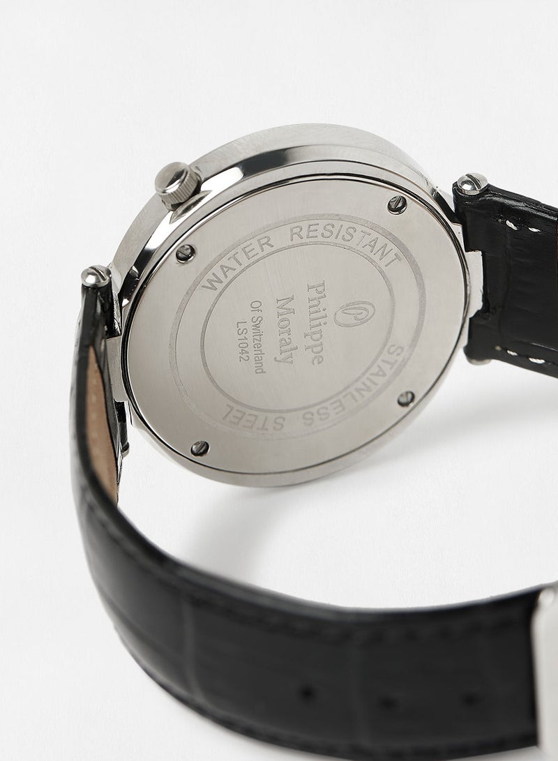 Philippe Moraly of Switzerland Leather Strap Analog Wrist Watch LS1042WPWB - 40mm - Black - Image 3