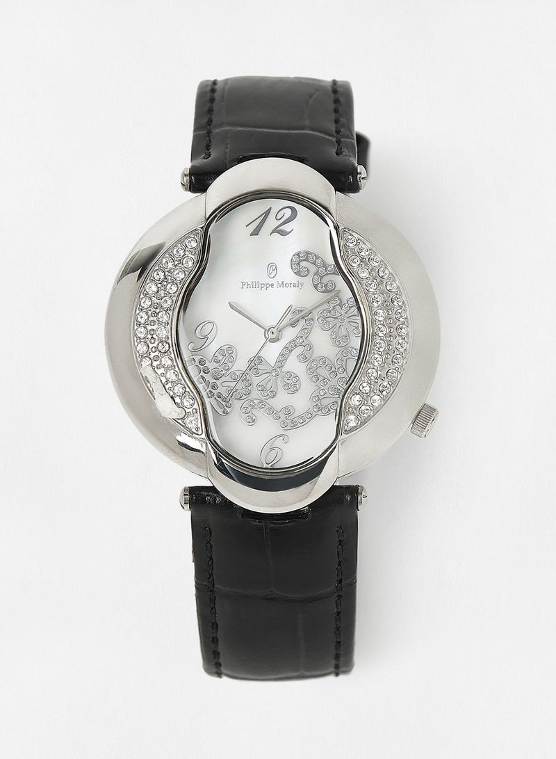 Philippe Moraly of Switzerland Leather Strap Analog Wrist Watch LS1042WPWB - 40mm - Black - Image 1