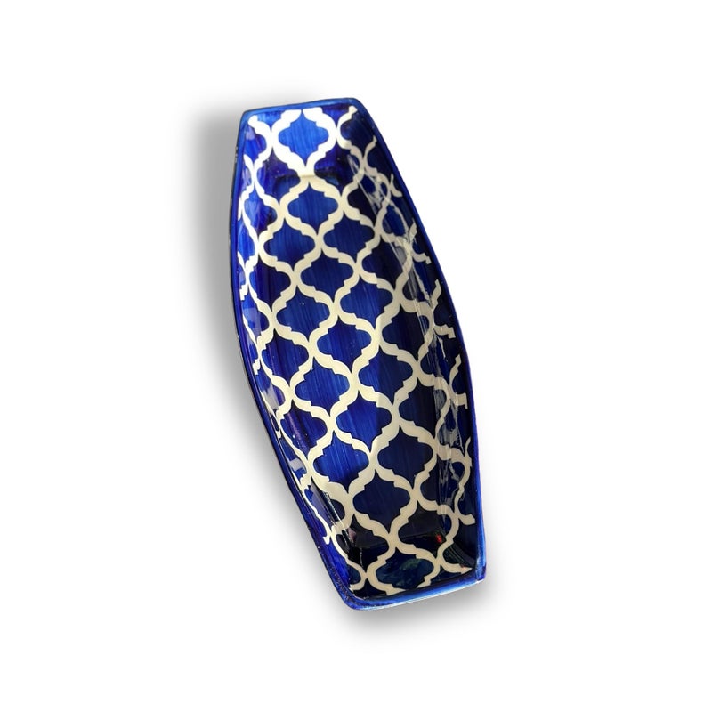 BACKKSPACE RETAIL Hand-Painted Ceramic Kebab Serving Plate with 2 Matching Dip Bowls - 36cm Blue Starter Platter for Snacks & Appetizers | Microwave & Dishwasher Safe| Perfect for Home & Restaurant - Image 2