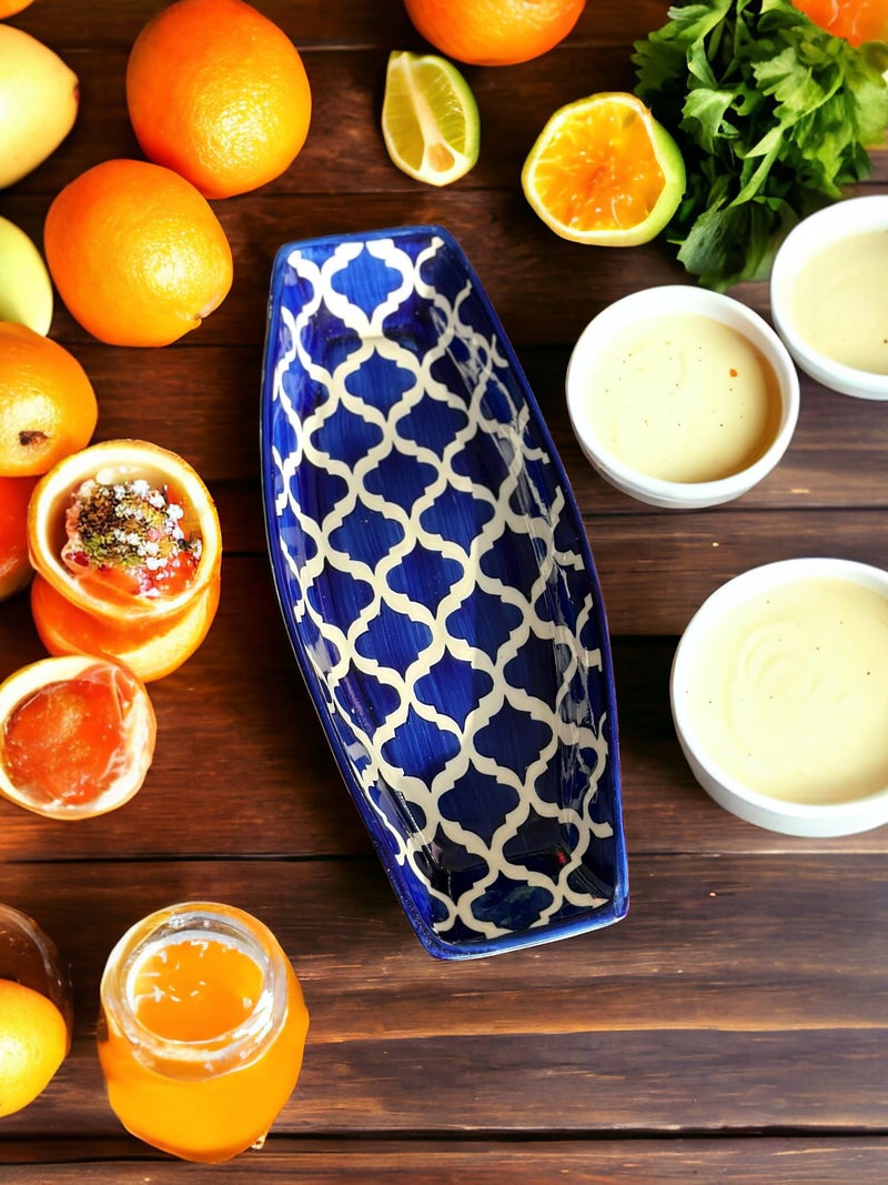 BACKKSPACE RETAIL Hand-Painted Ceramic Kebab Serving Plate with 2 Matching Dip Bowls - 36cm Blue Starter Platter for Snacks & Appetizers | Microwave & Dishwasher Safe| Perfect for Home & Restaurant - Image 4