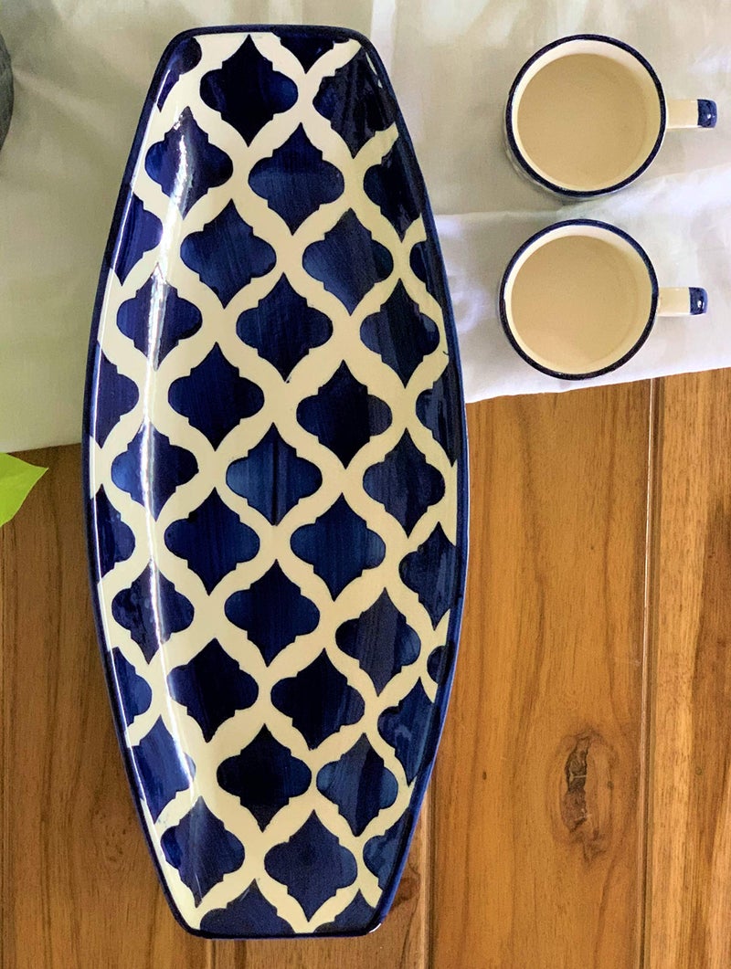 BACKKSPACE RETAIL Hand-Painted Ceramic Kebab Serving Plate with 2 Matching Dip Bowls - 36cm Blue Starter Platter for Snacks & Appetizers | Microwave & Dishwasher Safe| Perfect for Home & Restaurant - Image 5