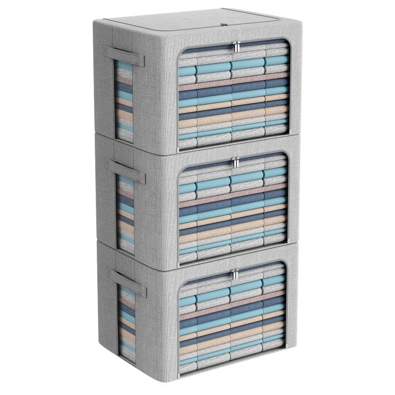 CYhom 3Pack Foldable Storage Bins  Frame Storage Box Linen Fabric Stackable Clothes Container Organizer with Clear Window  Carry Handles Large Capacity Extra Large100L Light Grey