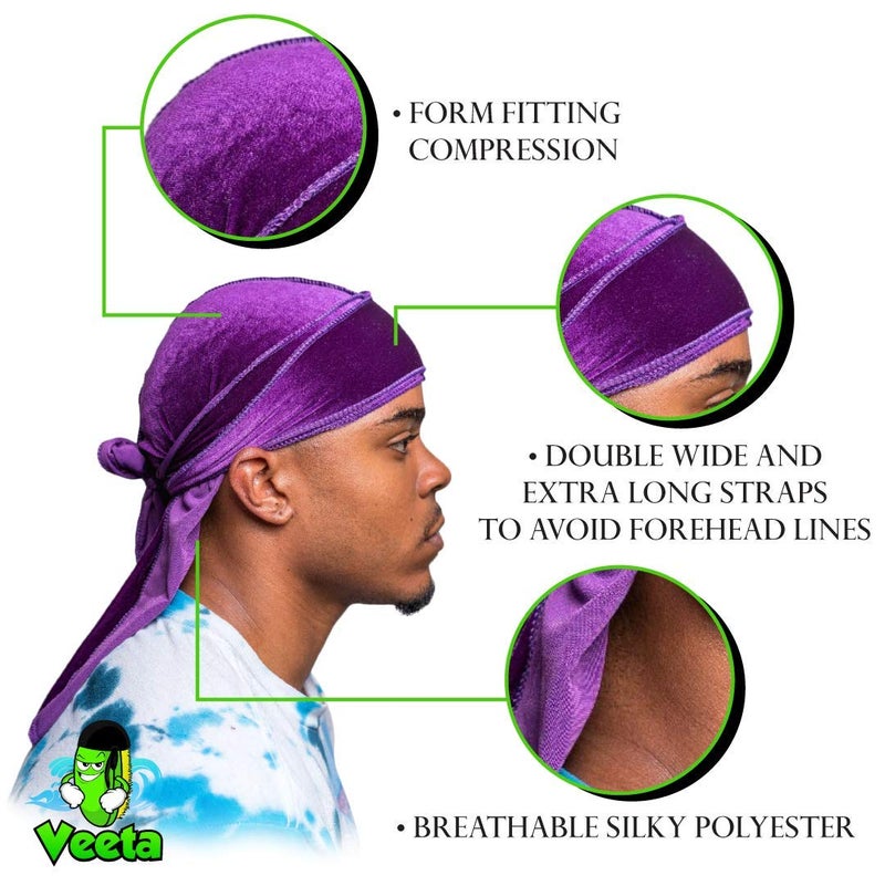 Veeta Superior Velvet Durag - Soft Velvet Durags for Men & Women, Long Double Wide Straps, Silky Durag Liner, Triple Stitched - Image 3