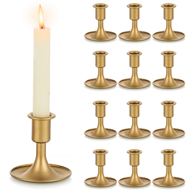 Gold Taper Candle Holder Set of 12 Hewory Short Skinny Brass Candlestick Holders Vintage Small Low Metal Candles Sticks for Wedding Centerpieces Christmas Birthday Party Holiday Dinning Table Decor