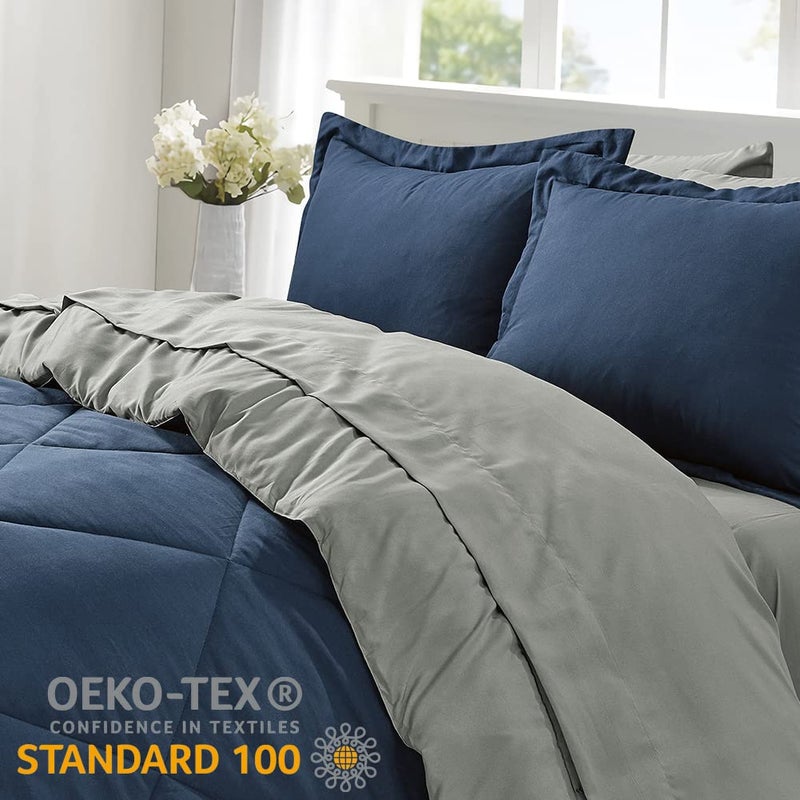 Furnishh Queen Comforter Set 7 Pieces Bed in a Bag, Full/Queen Reversible Bed Set with Comforter, Flat Sheet, Fitted Sheet, Pillowcases & Shams, Navy Blue and Grey Bedding Sets for Queen Size Bed - Image 2
