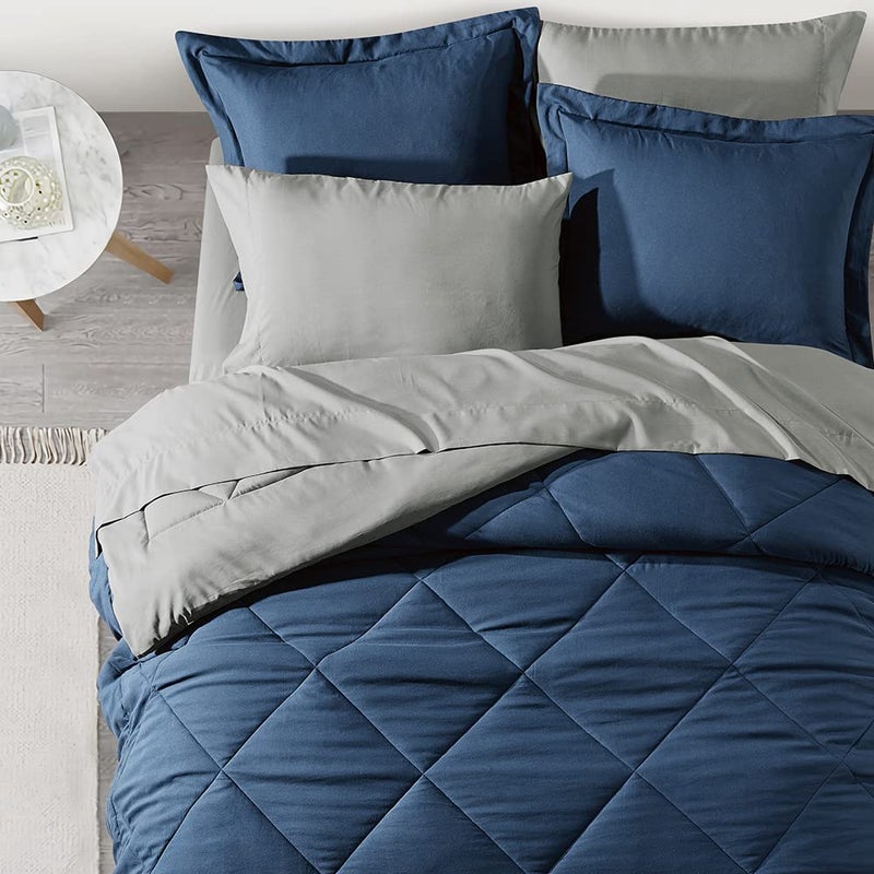 Furnishh Queen Comforter Set 7 Pieces Bed in a Bag, Full/Queen Reversible Bed Set with Comforter, Flat Sheet, Fitted Sheet, Pillowcases & Shams, Navy Blue and Grey Bedding Sets for Queen Size Bed - Image 5