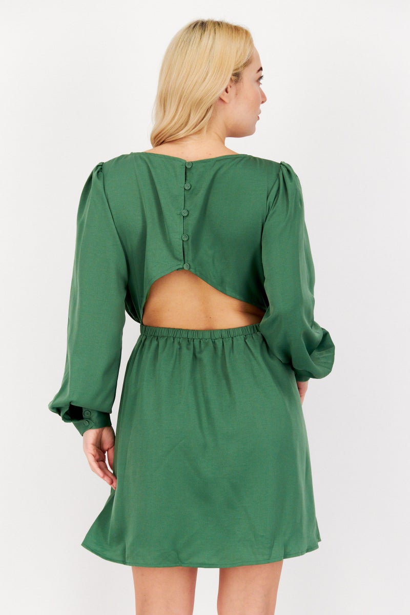 Lost + Wander فستان ميني بسيط بتفاصيل ظهر مقطوعة للنساء، أخضر - Image 3