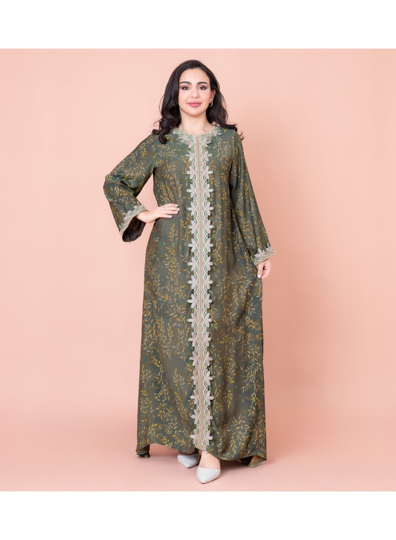 اكسا جلابية مطرزة مطبوعة حديثة خضراء - Image 1