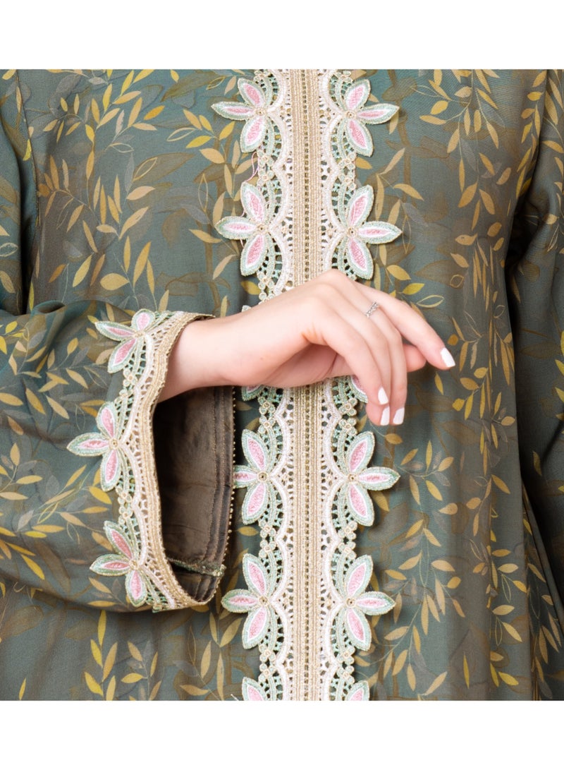 اكسا جلابية مطرزة مطبوعة حديثة خضراء - Image 2