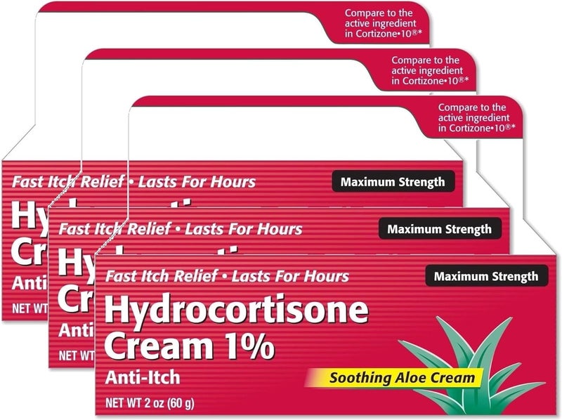 Taro Hydrocortisone Cream 1% with Soothing Aloe (2 Fl Oz) Fast-Acting Maximum Strength Anti-Itch Relief for Eczema, Psoriasis, Rashes, Hives, Bug Bites & Irritated Skin, Dye Free (3 Pack) - Image 1