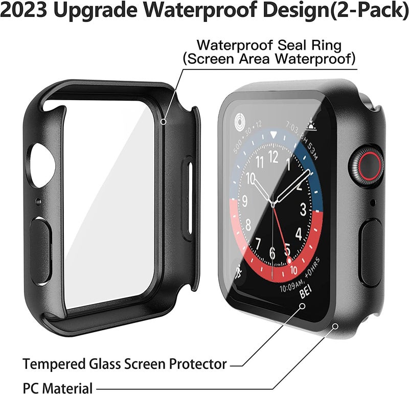 Misxi 2-Pack Waterproof Hard Case with Tempered Glass Compatible with Apple Watch SE 3 SE 2 SE Series 6 Series 5 Series 4 44mm, Ultra-Thin Protective Cover for iWatch Screen Protector, Matte Black - Image 3