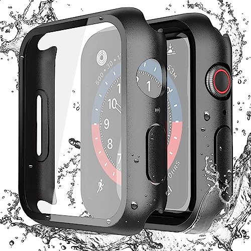 Misxi 2-Pack Waterproof Hard Case with Tempered Glass Compatible with Apple Watch SE 3 SE 2 SE Series 6 Series 5 Series 4 44mm, Ultra-Thin Protective Cover for iWatch Screen Protector, Matte Black - Image 1