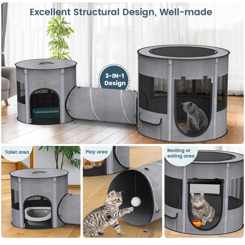 PETOCAT Portable Cat Playpen with Tunnel, 3 in 1 Foldable Puppy Play Pen, Waterproof Bottom, Enclosed 2-Room Separable Pet Tent for Indoor/Outdoor, Multi-Purpose Enclosure Crate Cage for Kitten Dog Rabbit - Image 4