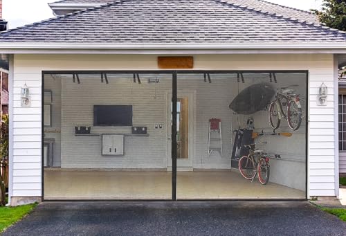 Elytsemoh Garage Screen Doors for 2 car garage-18x8FT Fiberglass 3000g/6.7lb Durable Heavy Duty Magnetic Garage Door Screen Retractable Hands Free with 6 Roll Up Straps for Patio Workshop Home Gym Sun Room - Image 1