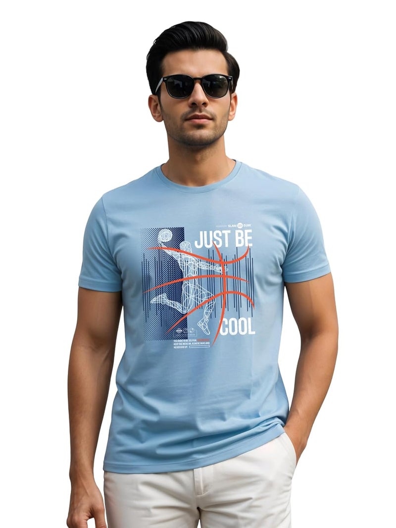 ADRO Men's Beige Basketball Graphic Printed T-Shirt - Just Be Cool Print, Cotton Lycra Stretch Fabric, Half Sleeve Crew Neck, Relaxed Fit - Image 1