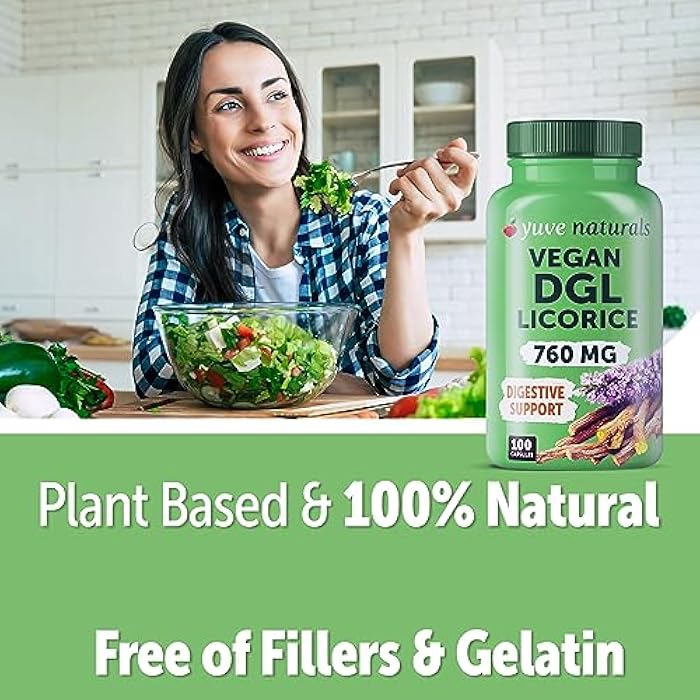 Yuve Vegan DGL Licorice 760mg - Digestive Support Supplement with L-Glycine - Non-GMO, Gluten-Free, Filler-Free Capsules for Heartburn Relief, Gut Health & Stomach Comfort - 100 Count - Image 3