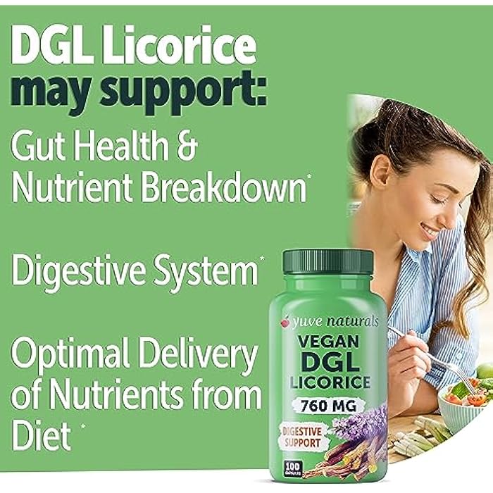 Yuve Vegan DGL Licorice 760mg - Digestive Support Supplement with L-Glycine - Non-GMO, Gluten-Free, Filler-Free Capsules for Heartburn Relief, Gut Health & Stomach Comfort - 100 Count - Image 2