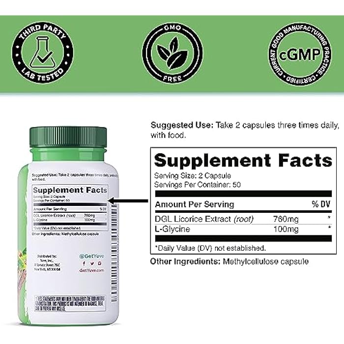 Yuve Vegan DGL Licorice 760mg - Digestive Support Supplement with L-Glycine - Non-GMO, Gluten-Free, Filler-Free Capsules for Heartburn Relief, Gut Health & Stomach Comfort - 100 Count - Image 4