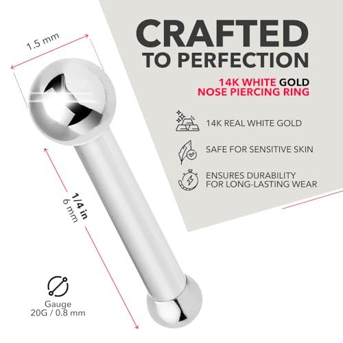 Body Candy 14k White Gold Nose Ring Stud 20 Gauge 1/4" Length 1.5mm Ball Nose Bone Straight Nose Ring for Women Men - Image 3