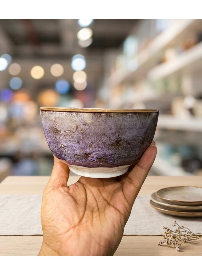 Reactive Glaze Ceramic Serving Bowl, Stoneware, Artisan-Style, Purple & Gold Marbled Finish - Image 1