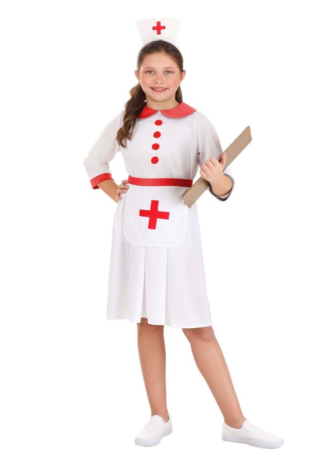 Fun Costumes Girl's Classic Nurse Costume Dress, Apron, Red Cross Halloween Caregiver Outfit - Small/Medium - White - Image 2