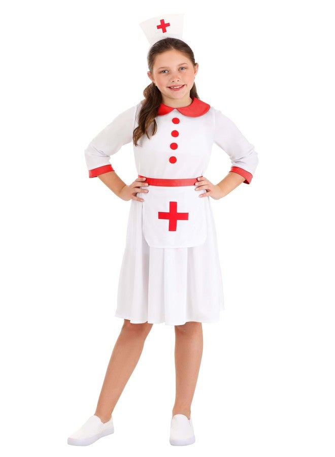 Fun Costumes Girl's Classic Nurse Costume Dress, Apron, Red Cross Halloween Caregiver Outfit - Small/Medium - White - Image 1