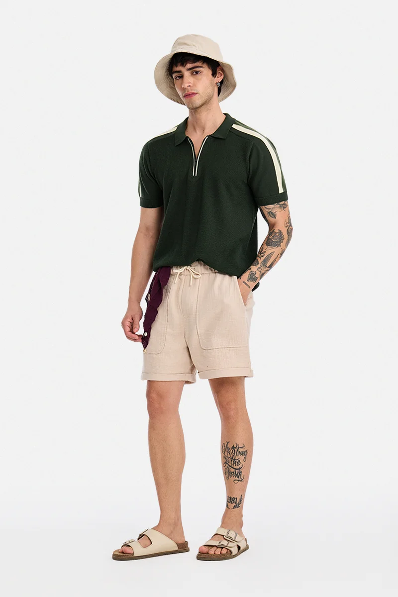 SNITCH Dark Green Textured Half Sleeve Regular Fit Casual T-Shirt