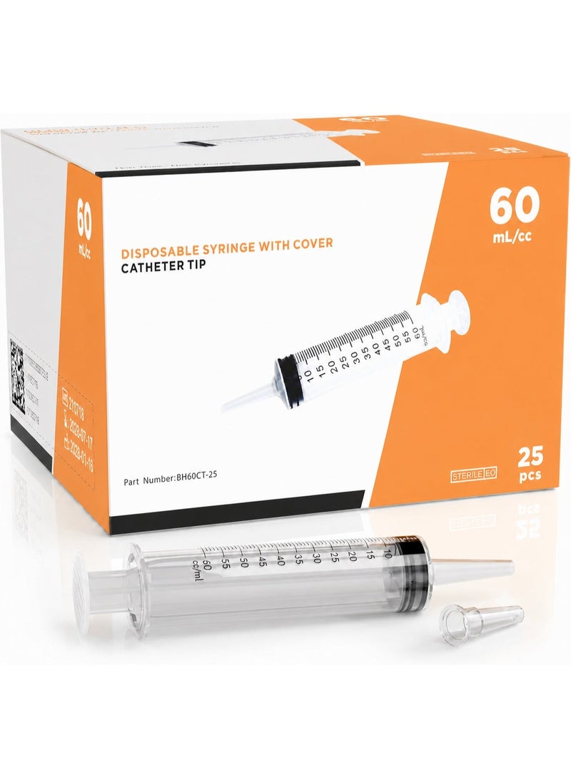 Syringe 60ml Without Needle Catheter Tip With Cap | Large Capacity Disposable Medical Syringe | Sterile Plastic Feeding & Irrigation Syringe for Laboratory, Hospital & Home Care Use - Image 1
