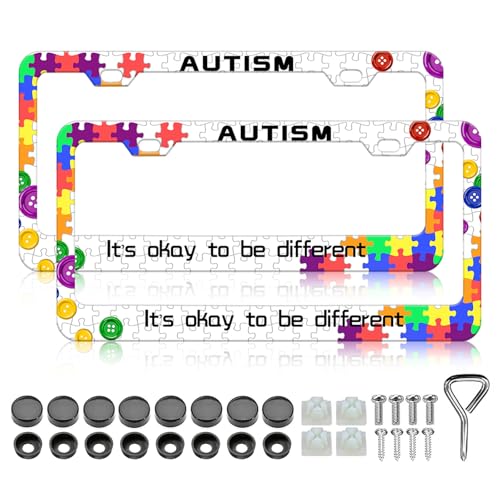 LIN KANG Personalized Autism License Plate Frames 2 Pack Awareness Puzzle Aluminum Metal License Plate Holder Covers RustProof Waterproof Car Decorative Tag Frames for Standard US 12x6 Inch - Image 1