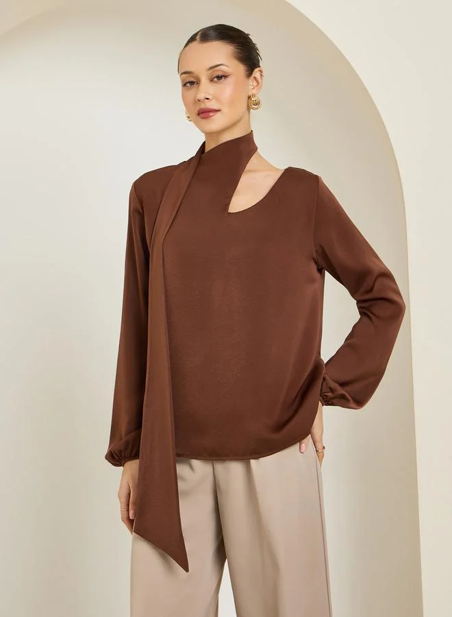 Styli Women Brown Asymmetric Neck Blouse