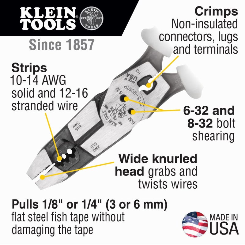 Klein Tools J2159CRTP Side Cutting Pliers, Made in USA, 9-Inch Journeyman High Leverage Hybrid Pliers with Crimper, Fish Tape Puller and Wire Stripper - Image 2
