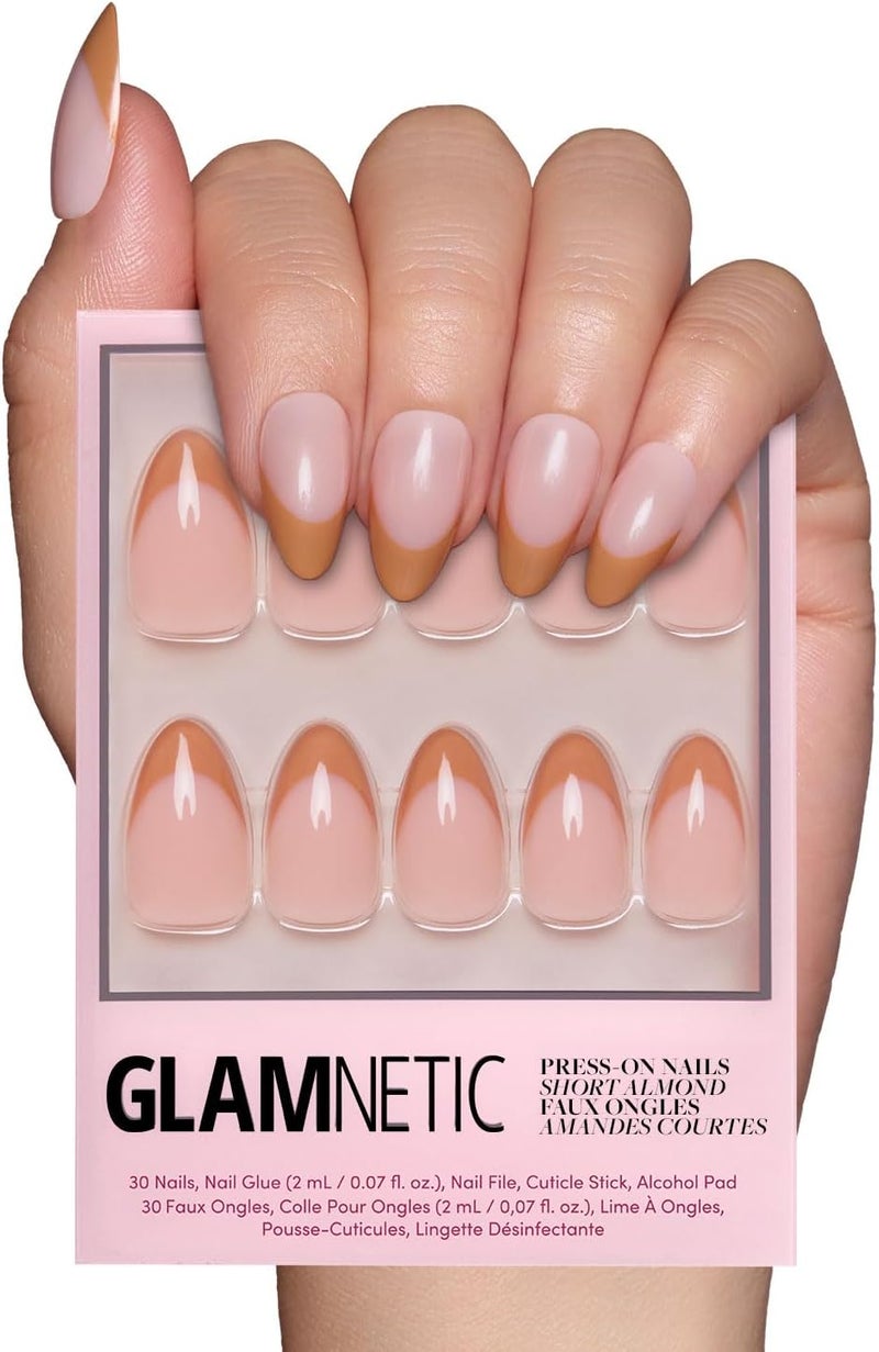 Glamnetic Global assorted color picks Press On Nails - Café Crème | Semi-Transparent Light Brown French Tip Short Almond Fake Nails in a Glossy Finish, Salon Quality | 15 Sizes - 30 Nail Kit Elegant multi-option build - Image 1