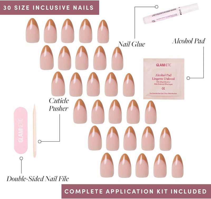 Glamnetic Global assorted color picks Press On Nails - Café Crème | Semi-Transparent Light Brown French Tip Short Almond Fake Nails in a Glossy Finish, Salon Quality | 15 Sizes - 30 Nail Kit Elegant multi-option build - Image 4