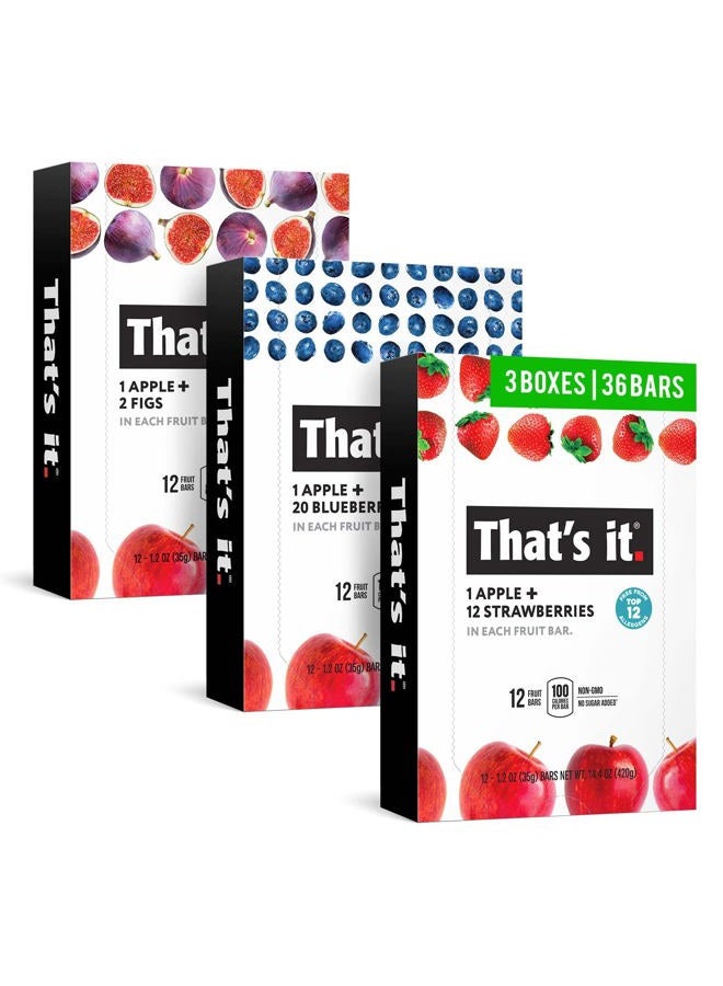 That's it. Variety, 100% Natural Real Fruit Bar, High Fiber Vegan, Gluten Free Healthy Snack, Paleo for Children & Adults, Non GMO No Added Sugar (Blueberry, Strawberry, Fig) (36 Pack) - Image 1