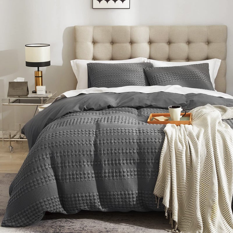 Ivellow Waffle Weave Duvet Cover Set  100 Cotton Queen Size Textured Grey Cozy Soft Breathable SkinFriendly Luxury Comforter Cover All Season 90x90