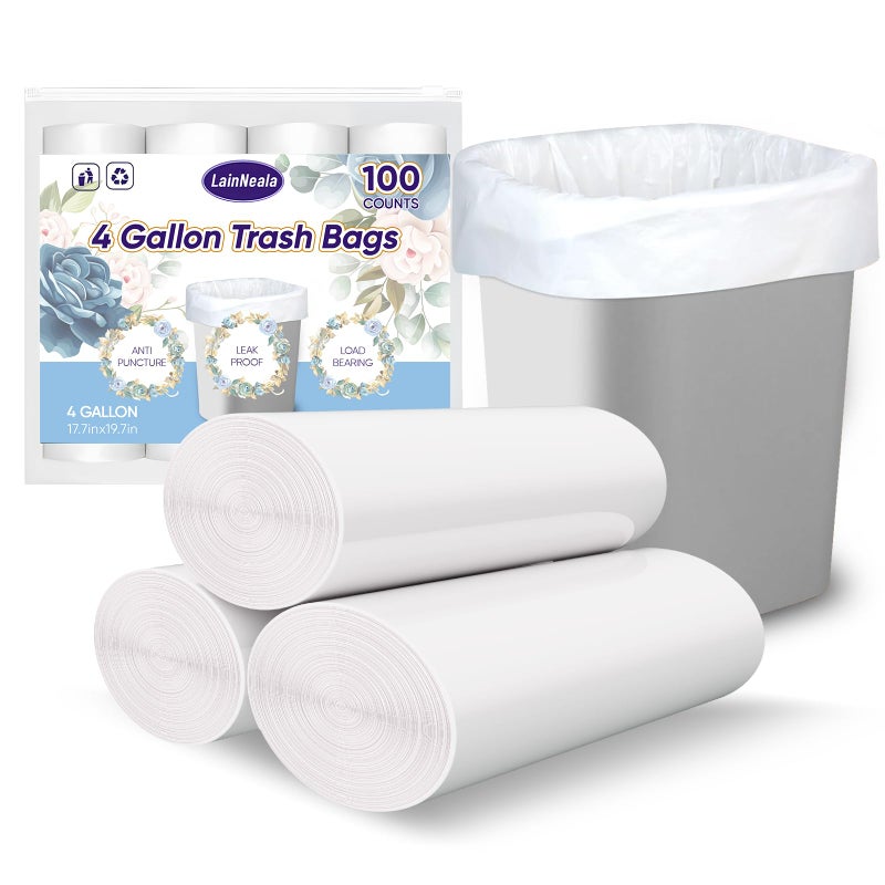 LainNeala Small Trash Bags 4 Gallon 100 Count Small Garbage Bag Bathroom White Mini Trash Bag Trash Can Liners Unscented Small Garbage Bags for Bathroom Can