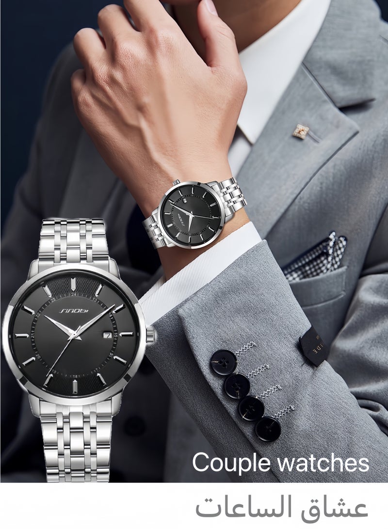 سينوبي ساعات رجالية من الستانلس ستيل - ساعة كوارتز مقاومة للماء للرجال بحزام فضي كلاسيكي وقرص أسود، ساعة عمل للمكتب - Image 1