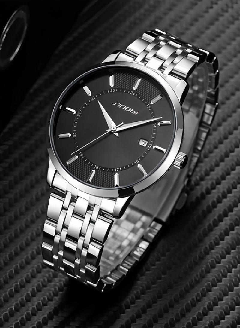 سينوبي ساعات رجالية من الستانلس ستيل - ساعة كوارتز مقاومة للماء للرجال بحزام فضي كلاسيكي وقرص أسود، ساعة عمل للمكتب - Image 2
