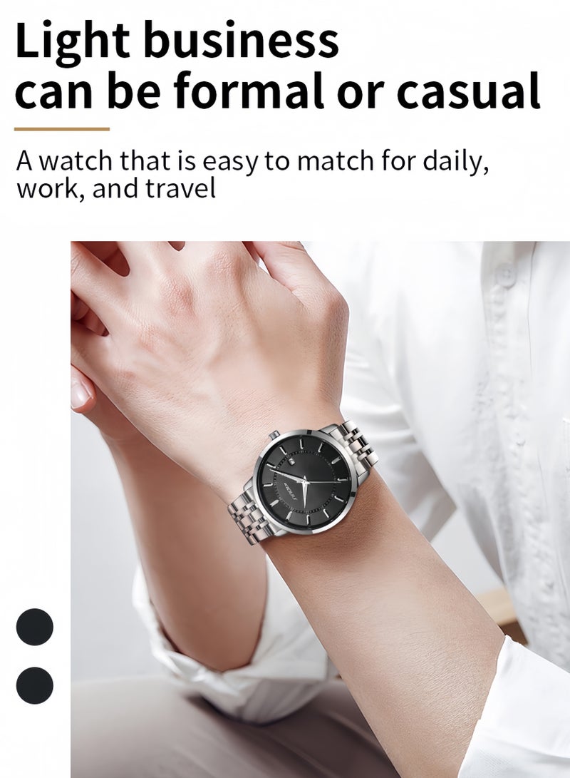 سينوبي ساعات رجالية من الستانلس ستيل - ساعة كوارتز مقاومة للماء للرجال بحزام فضي كلاسيكي وقرص أسود، ساعة عمل للمكتب - Image 4