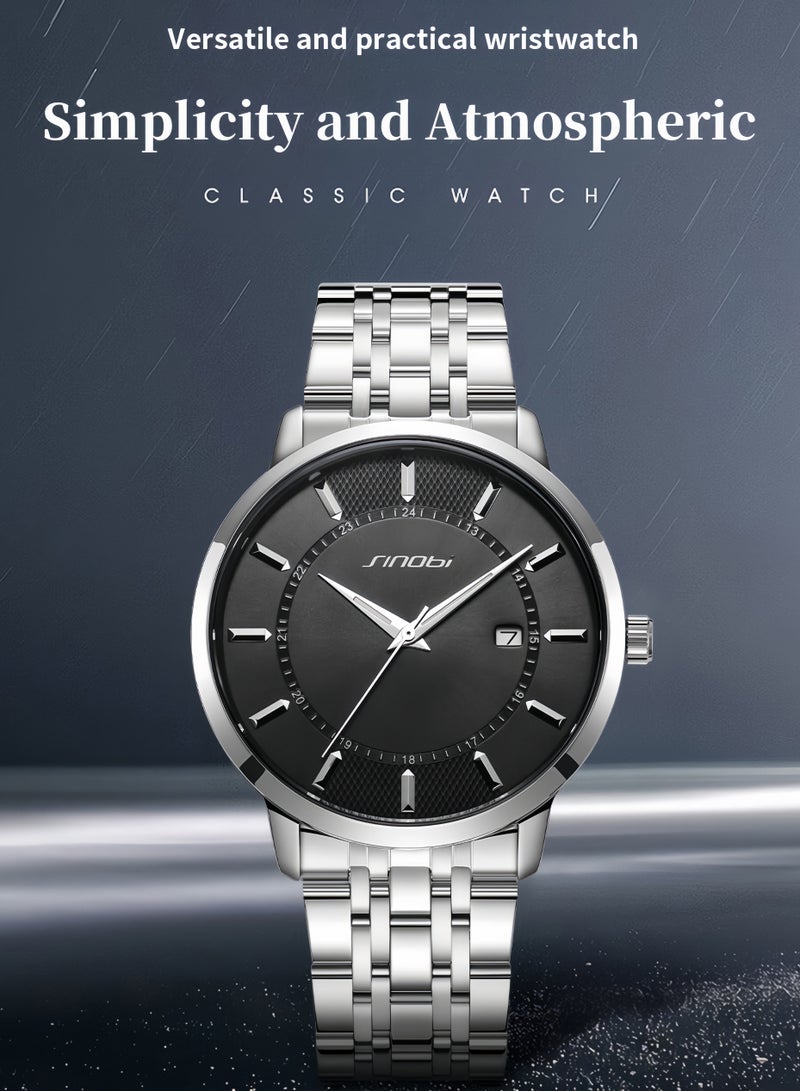 سينوبي ساعات رجالية من الستانلس ستيل - ساعة كوارتز مقاومة للماء للرجال بحزام فضي كلاسيكي وقرص أسود، ساعة عمل للمكتب - Image 3