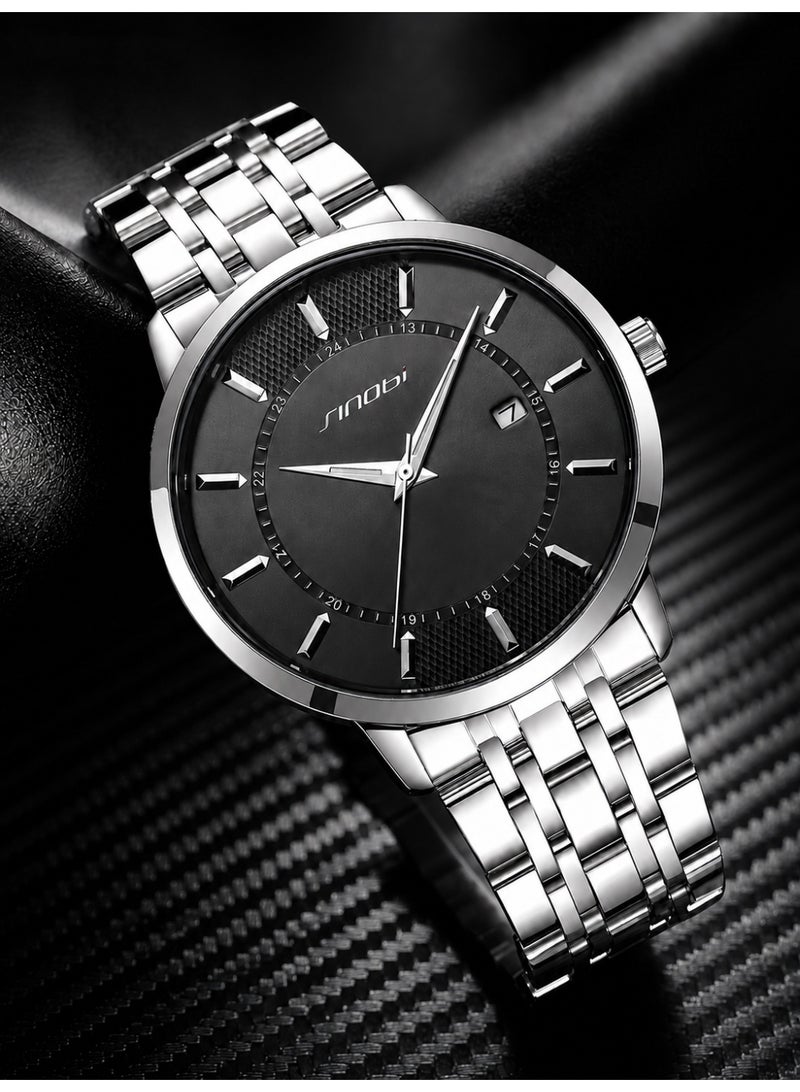 SINOBI Stainless Steel Men's Watches - Men's Waterproof Quartz Watch with Classic Silver Band and Black Dial, Business Dress Watch for Office - Image 1