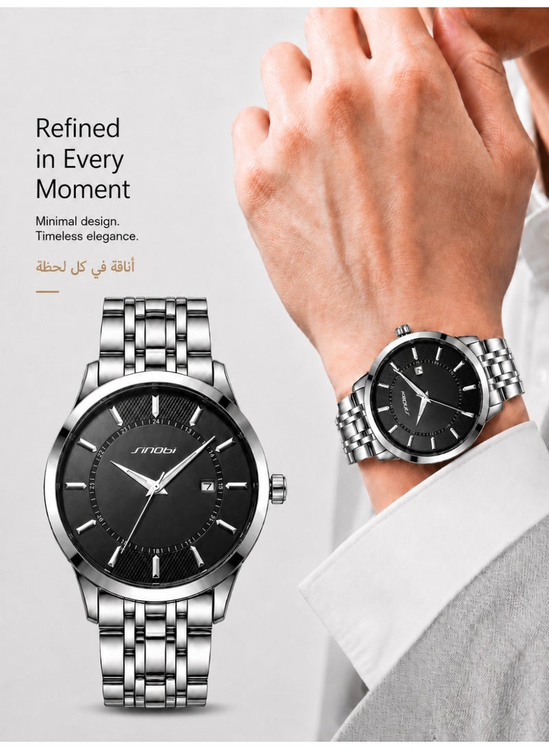 SINOBI Stainless Steel Men's Watches - Men's Waterproof Quartz Watch with Classic Silver Band and Black Dial, Business Dress Watch for Office - Image 2