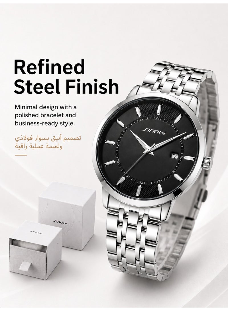 SINOBI Stainless Steel Men's Watches - Men's Waterproof Quartz Watch with Classic Silver Band and Black Dial, Business Dress Watch for Office - Image 3