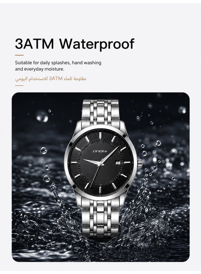 SINOBI Stainless Steel Men's Watches - Men's Waterproof Quartz Watch with Classic Silver Band and Black Dial, Business Dress Watch for Office - Image 4