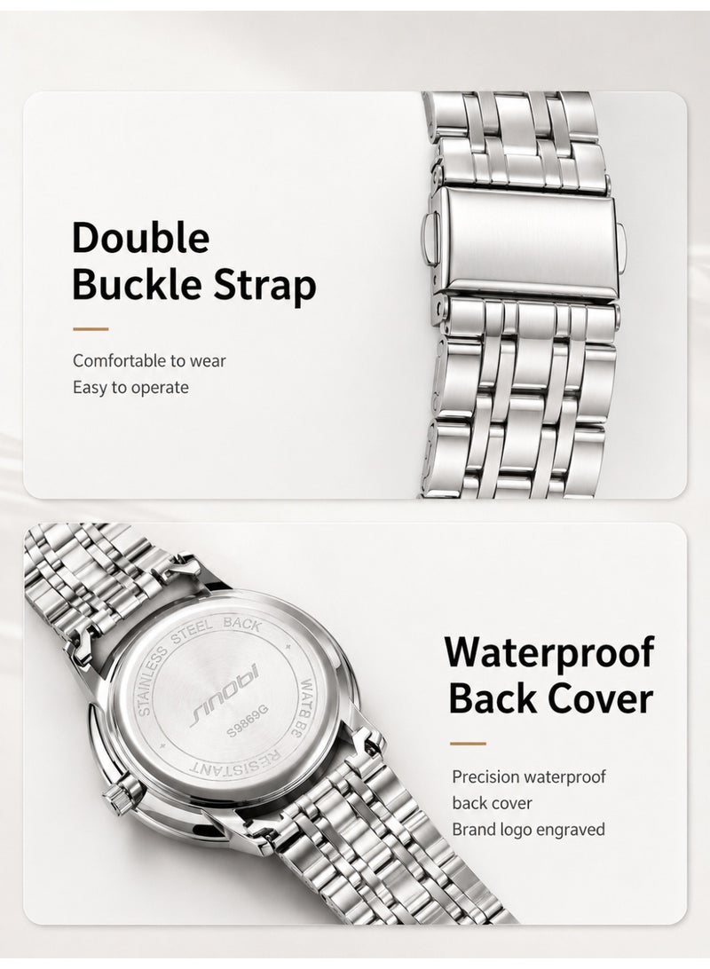 SINOBI Stainless Steel Men's Watches - Men's Waterproof Quartz Watch with Classic Silver Band and Black Dial, Business Dress Watch for Office - Image 5