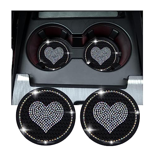 Kewucn 2 PCS Bling Car Cup Coaster 275 Inch Heart Rhinestone Holder Insert Coaster AntiSlip Waterproof Crystal Auto Cup Mat Universal Vehicle Accessories for Women Girls Black AB - Image 1