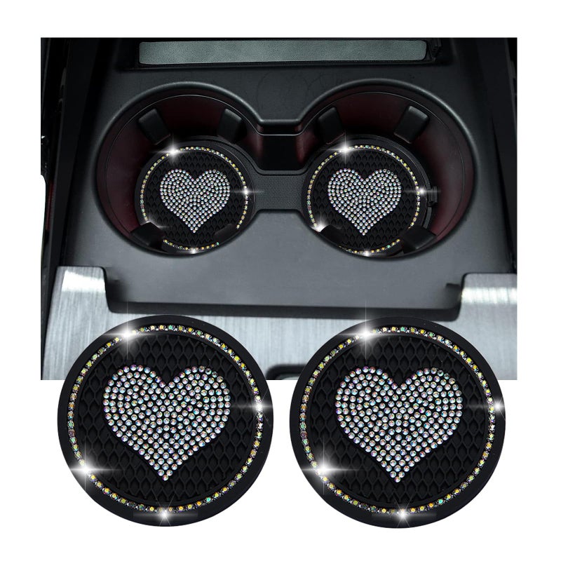 Kewucn 2 PCS Bling Car Cup Coaster 275 Inch Heart Rhinestone Holder Insert Coaster AntiSlip Waterproof Crystal Auto Cup Mat Universal Vehicle Accessories for Women Girls Black AB - Image 3