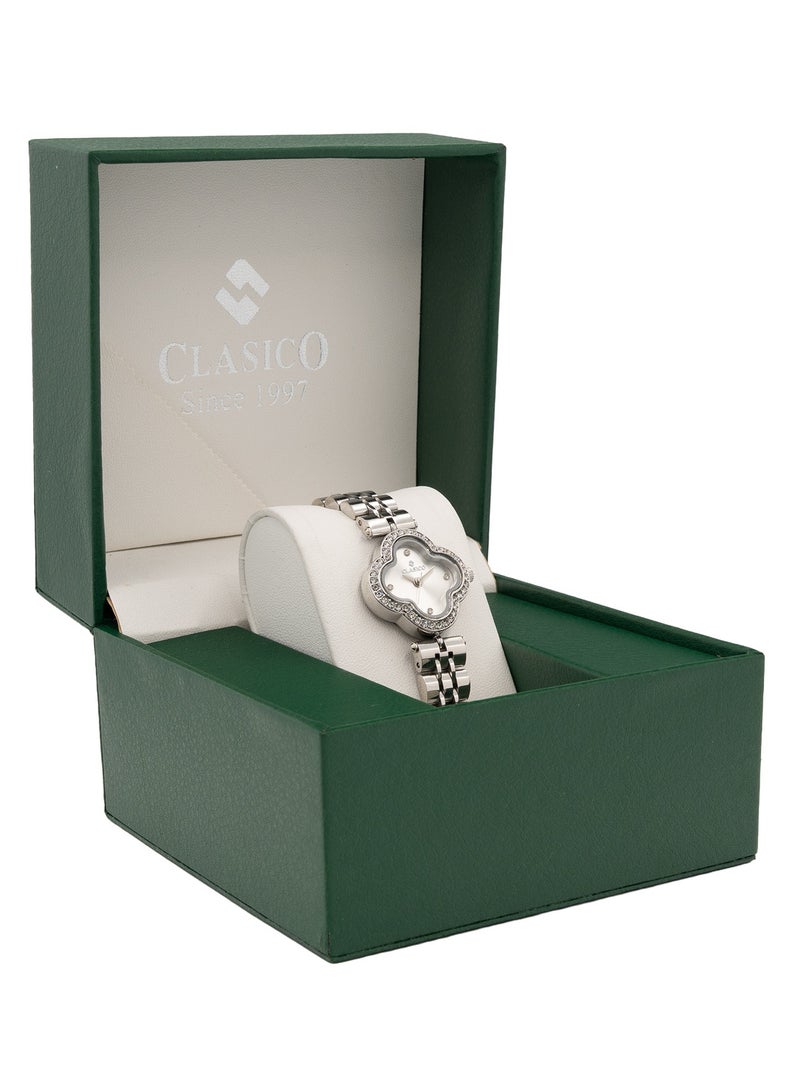 Clasico ساعة سوار ألماس الأنيقة بتصميم ورقة - لمسات فضية، ساعة نسائية عصرية ⏱️✨ - Image 4